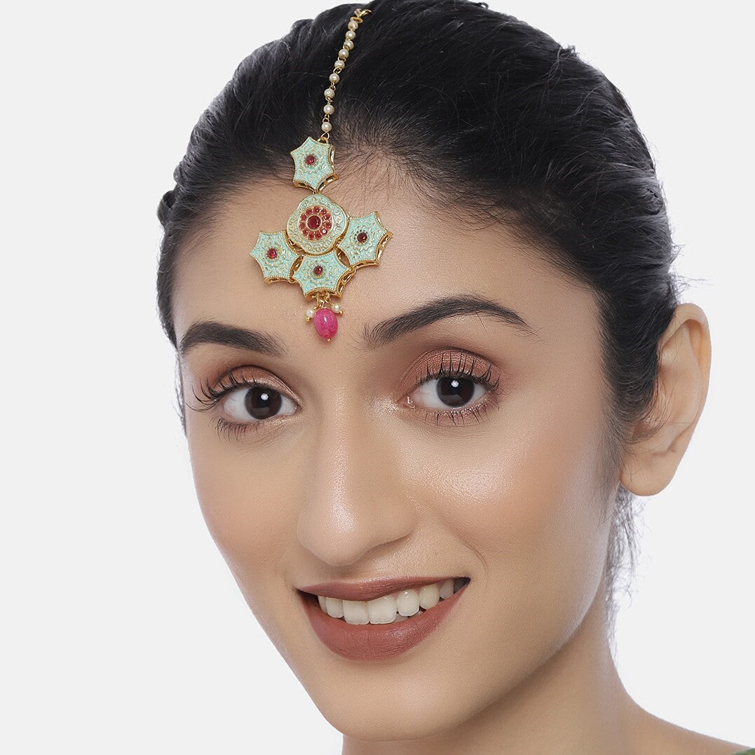 Laida Red & Green Gold-Plated Enamelled Handcrafted Maang Tikka
