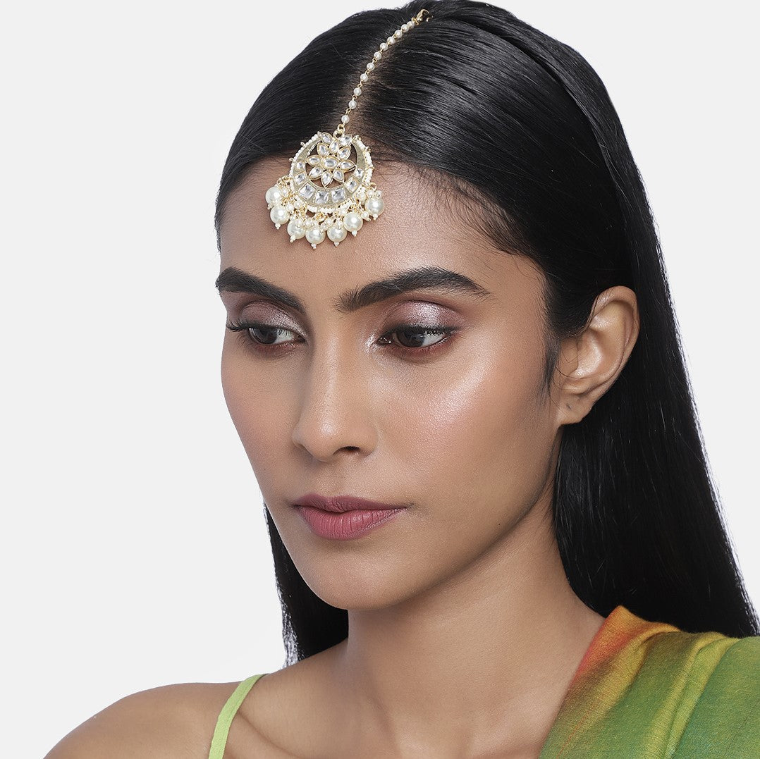 Laida White & Gold-Plated Handcrafted Pearl Embellished Maang Tikka