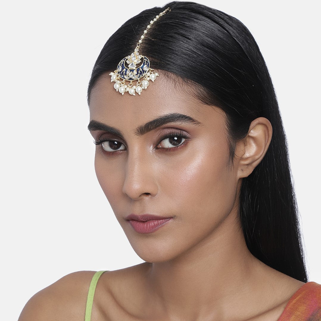 Laida Blue and White Gold-Plated Handcrafted Pearl Embellished Maang Tikka