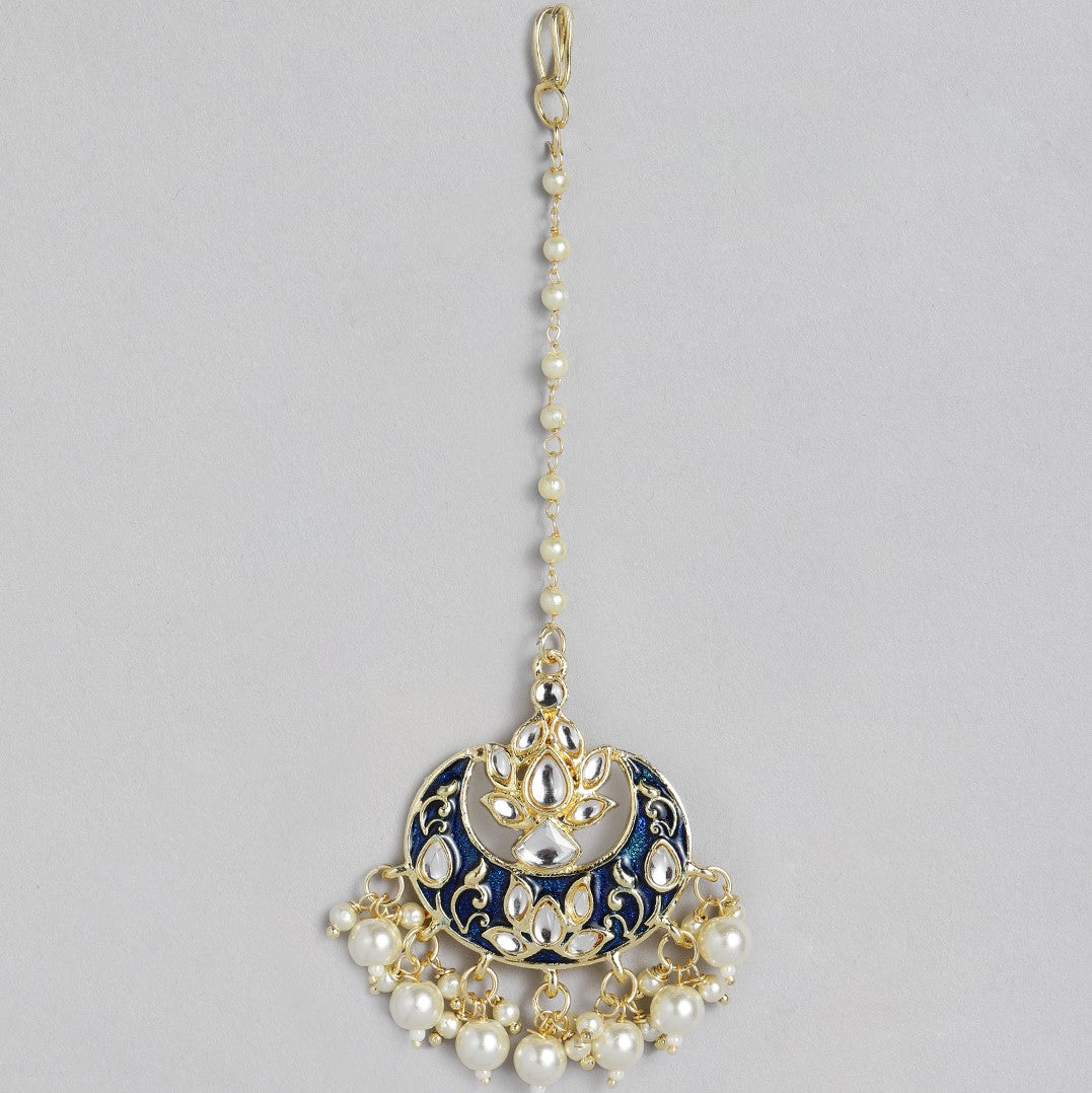 Laida Blue and White Gold-Plated Handcrafted Pearl Embellished Maang Tikka