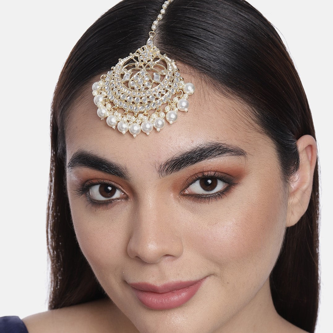 Laida Gold-Plated and White Kundan Chand Style & Pearl Beaded Maang Tikka