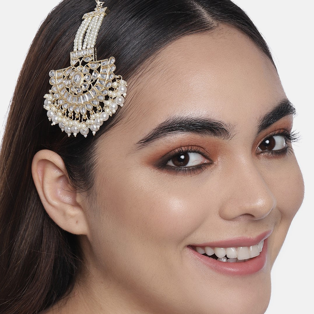 Laida Gold-Plated White Kundan-Studded & Beaded Jhumar Passa