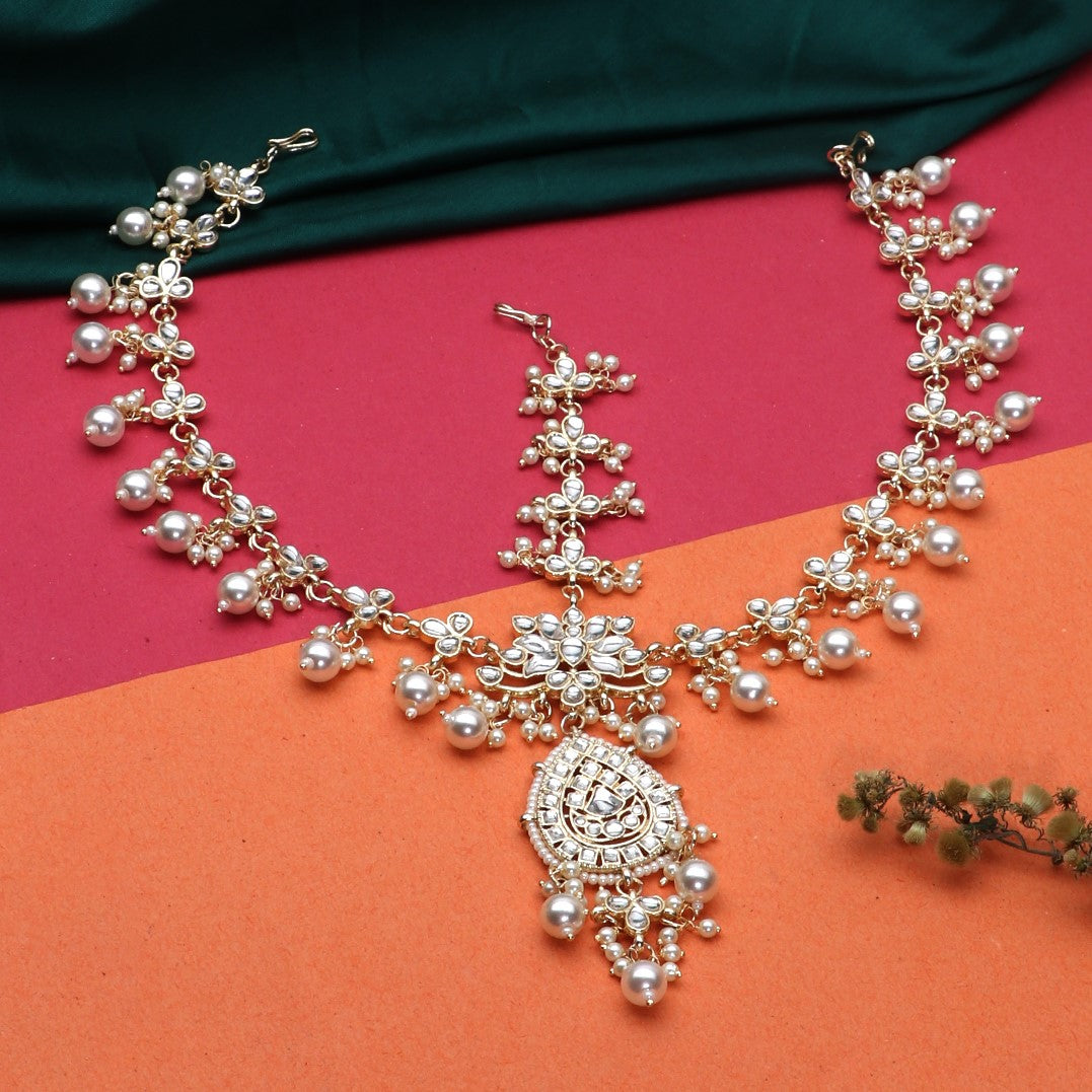 Laida Gold-Plated White Kundan-Studded & Beaded Sheeshphool
