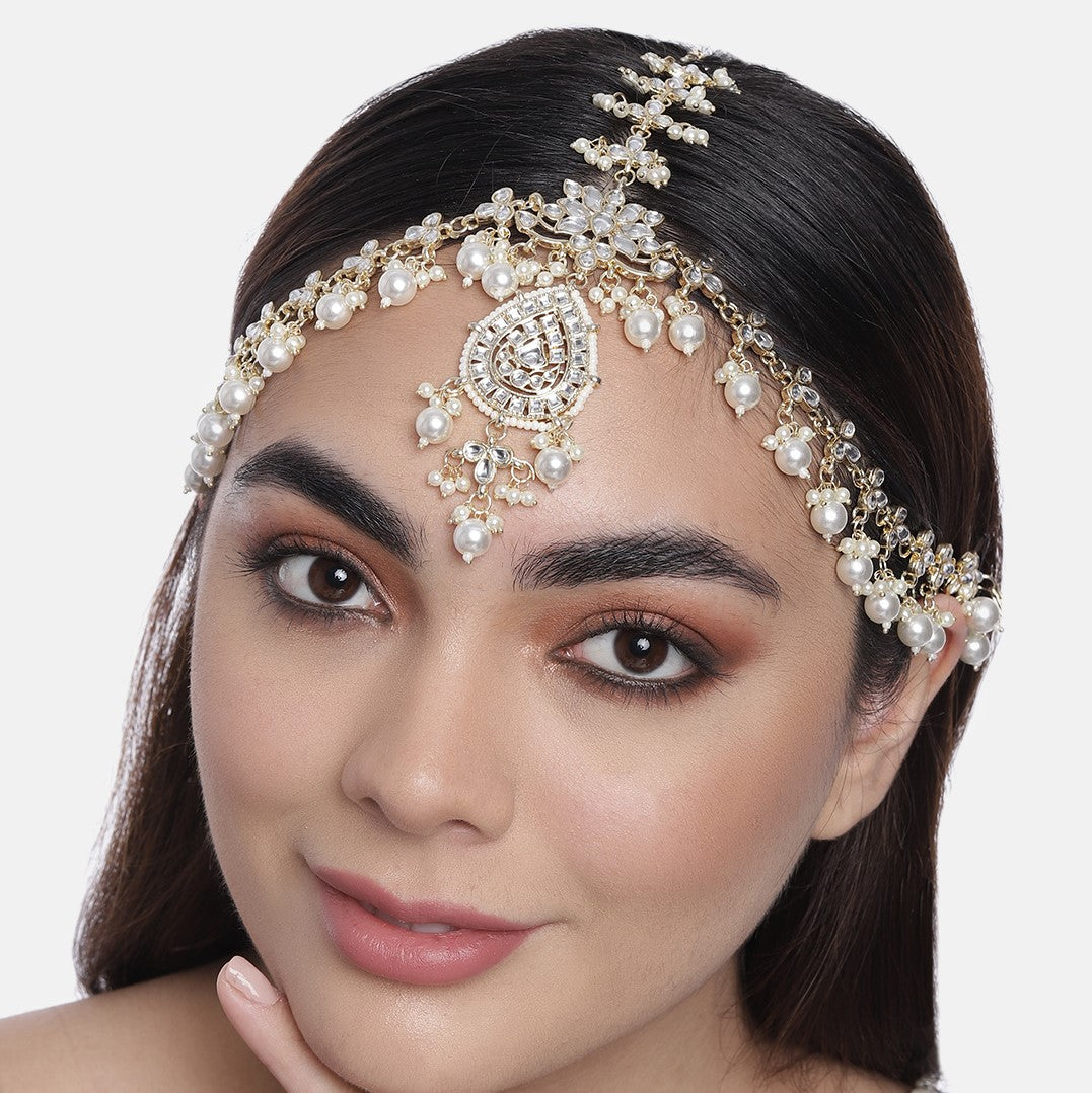 Laida Gold-Plated White Kundan-Studded & Beaded Sheeshphool