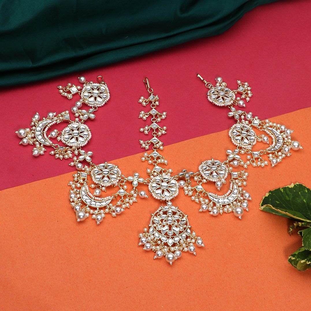Laida Gold-Plated Gold-Plated White Kundan-Studded & Beaded Sheeshphool