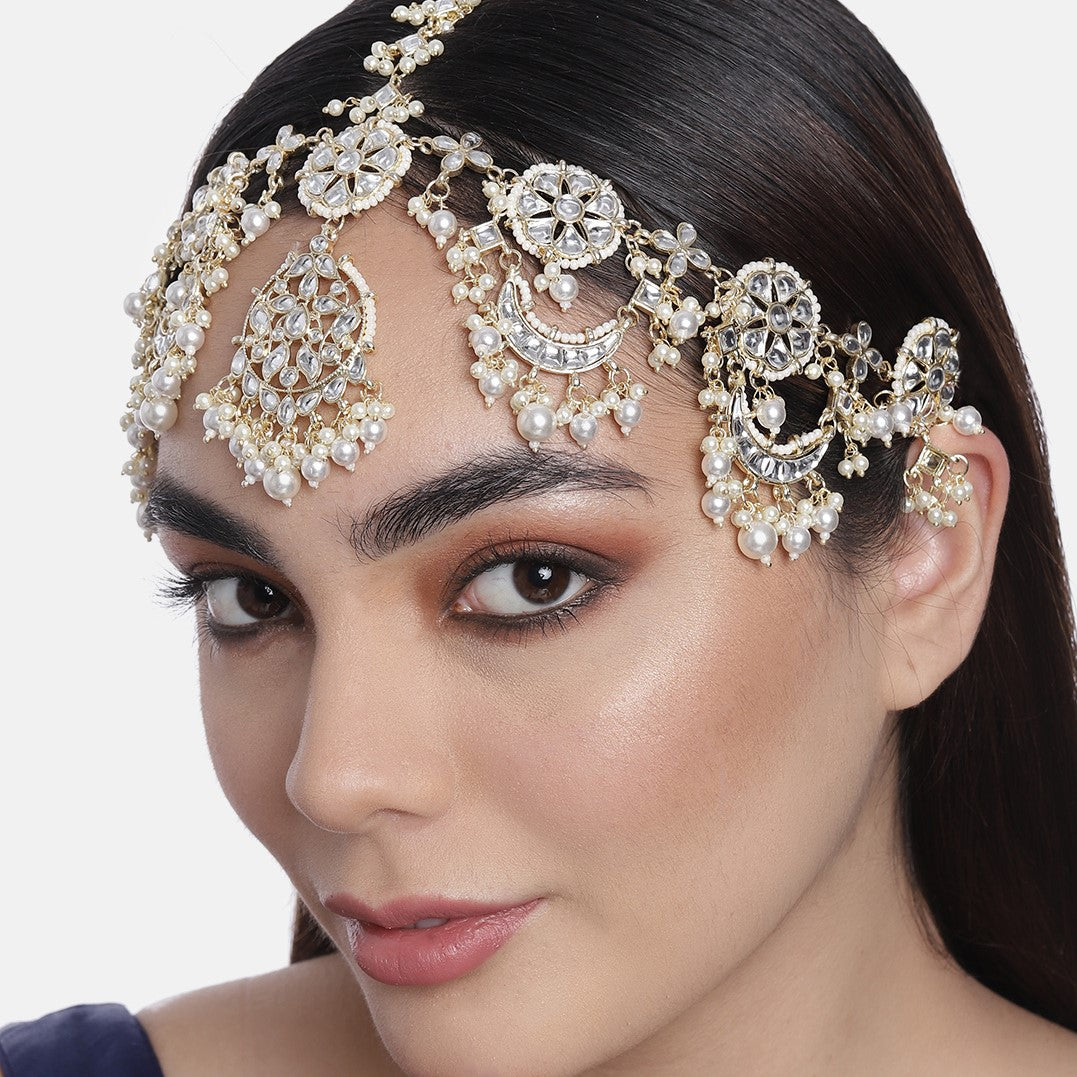 Laida Gold-Plated Gold-Plated White Kundan-Studded & Beaded Sheeshphool