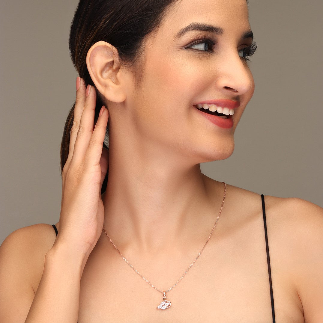 Laida Women Rose Gold-Plated & White AD-Studded Swan Pendant With Chain