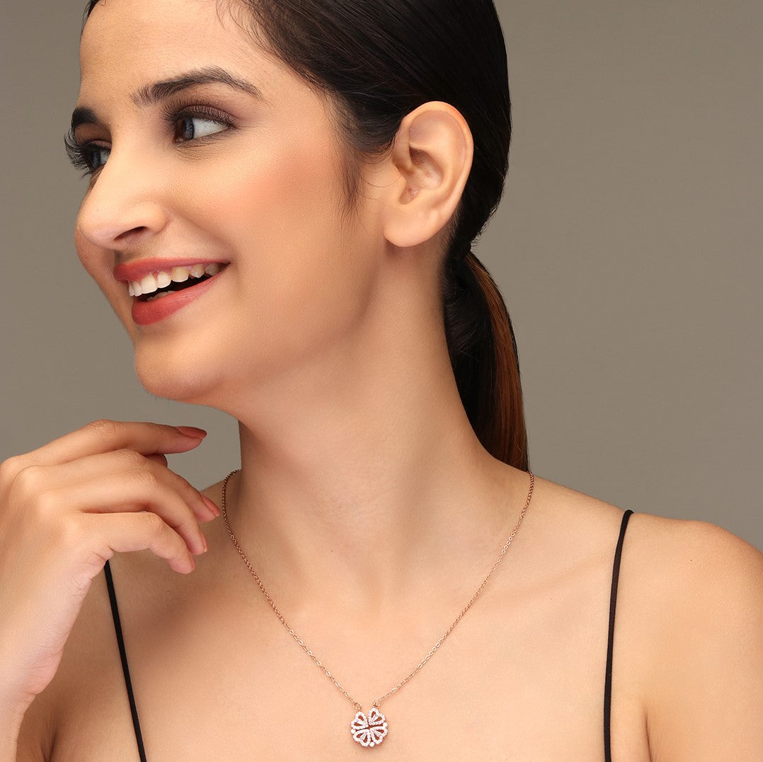 Laida Women Rose Gold-Plated & White AD-Stone Studded Openable-Shaped Pendant With Chain