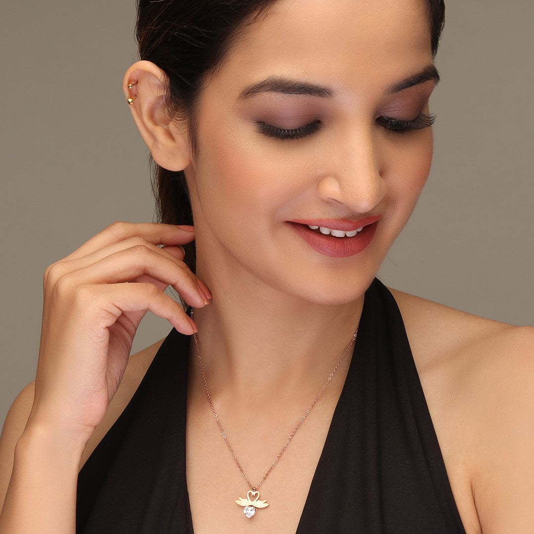 Laida Women Rose Gold-Plated & White AD-Stone Studded Winged-Shaped Pendant With Chain