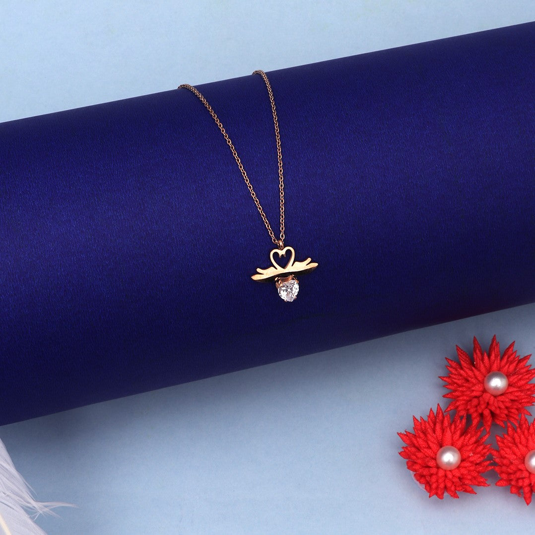 Laida Women Rose Gold-Plated & White AD-Stone Studded Winged-Shaped Pendant With Chain