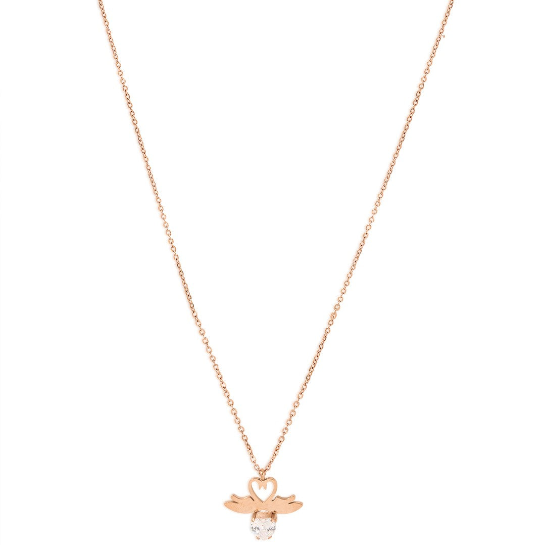 Laida Women Rose Gold-Plated & White AD-Stone Studded Winged-Shaped Pendant With Chain