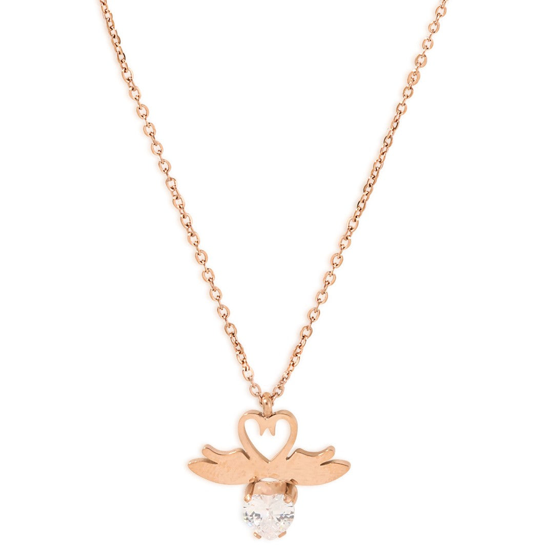 Laida Women Rose Gold-Plated & White AD-Stone Studded Winged-Shaped Pendant With Chain