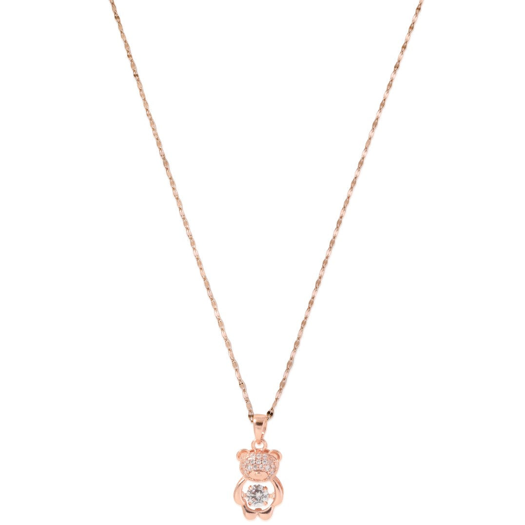 Laida Women Rose Gold-Plated & White AD-Stone Studded Teddy Bear-Shaped Pendant With Chain