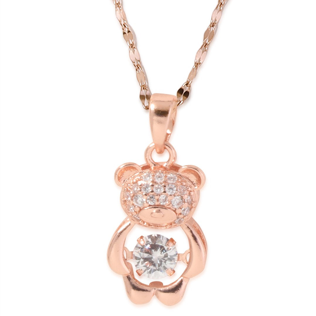 Laida Women Rose Gold-Plated & White AD-Stone Studded Teddy Bear-Shaped Pendant With Chain