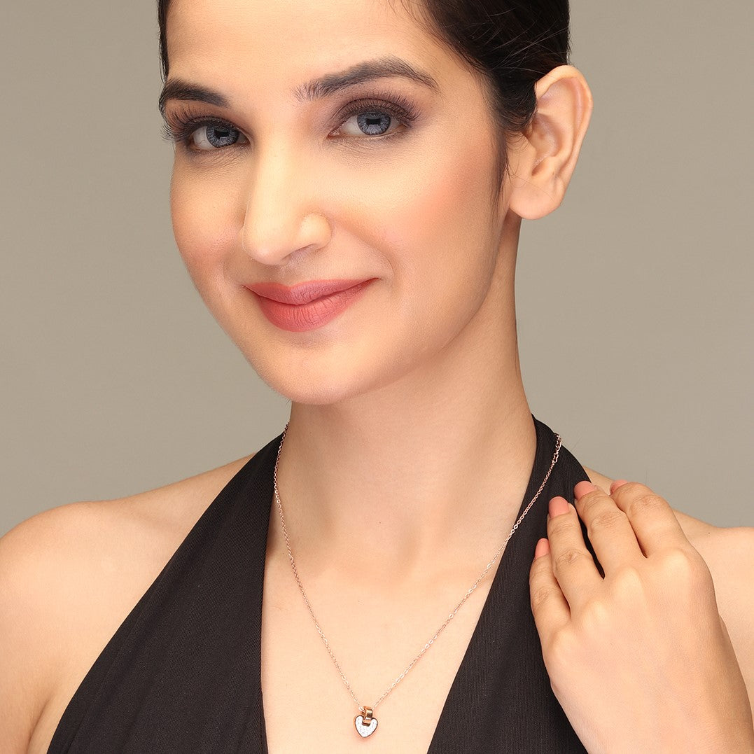 Laida Women Rose Gold-Plated & White AD-Stone Studded Heart-Shaped Pendant With Chain