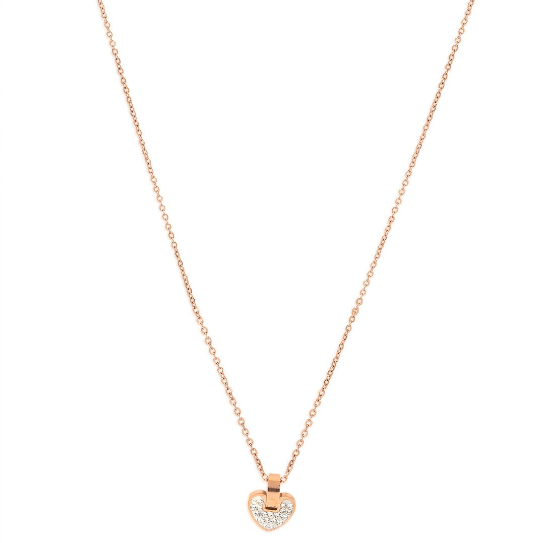 Laida Women Rose Gold-Plated & White AD-Stone Studded Heart-Shaped Pendant With Chain