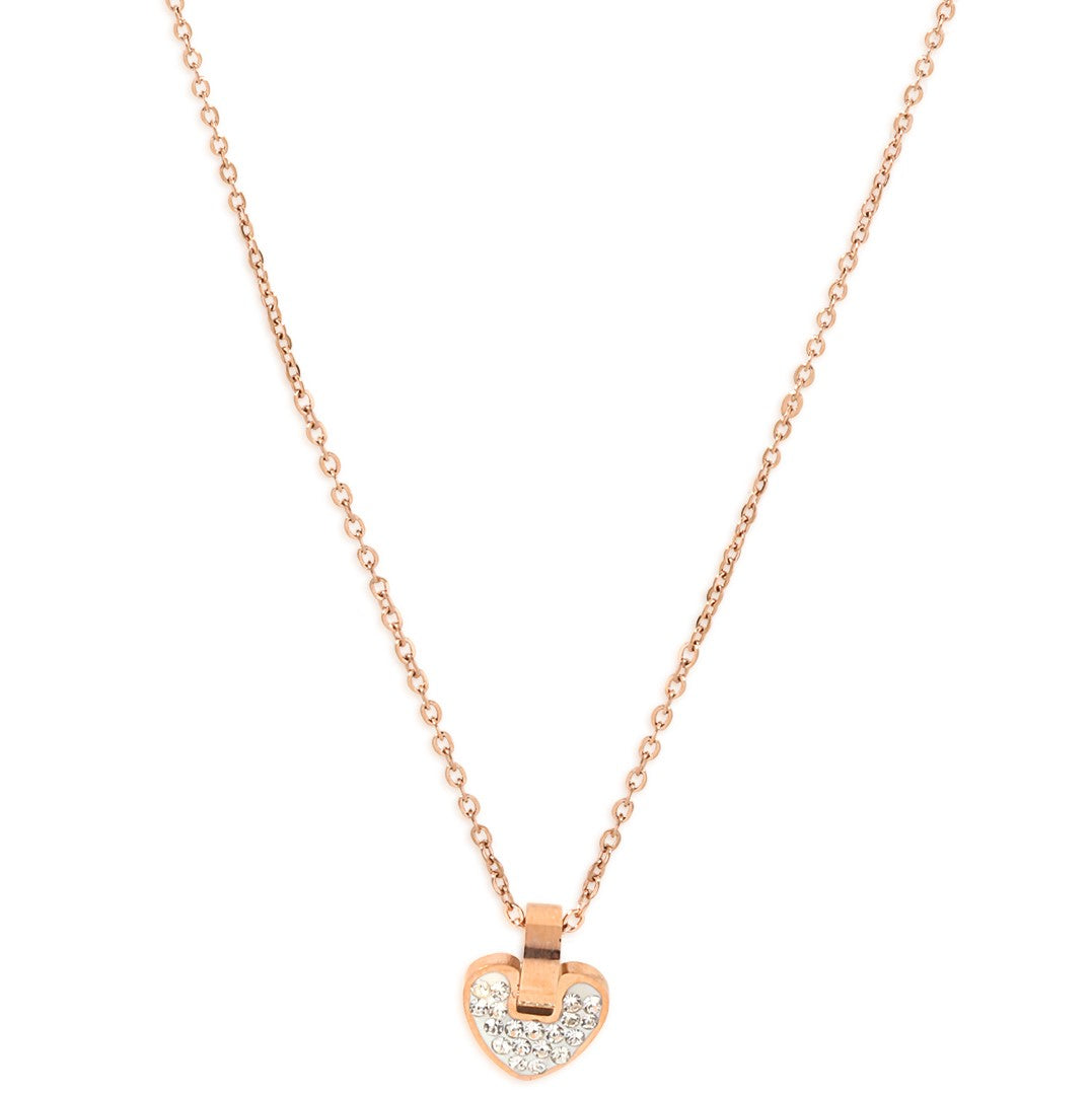 Laida Women Rose Gold-Plated & White AD-Stone Studded Heart-Shaped Pendant With Chain
