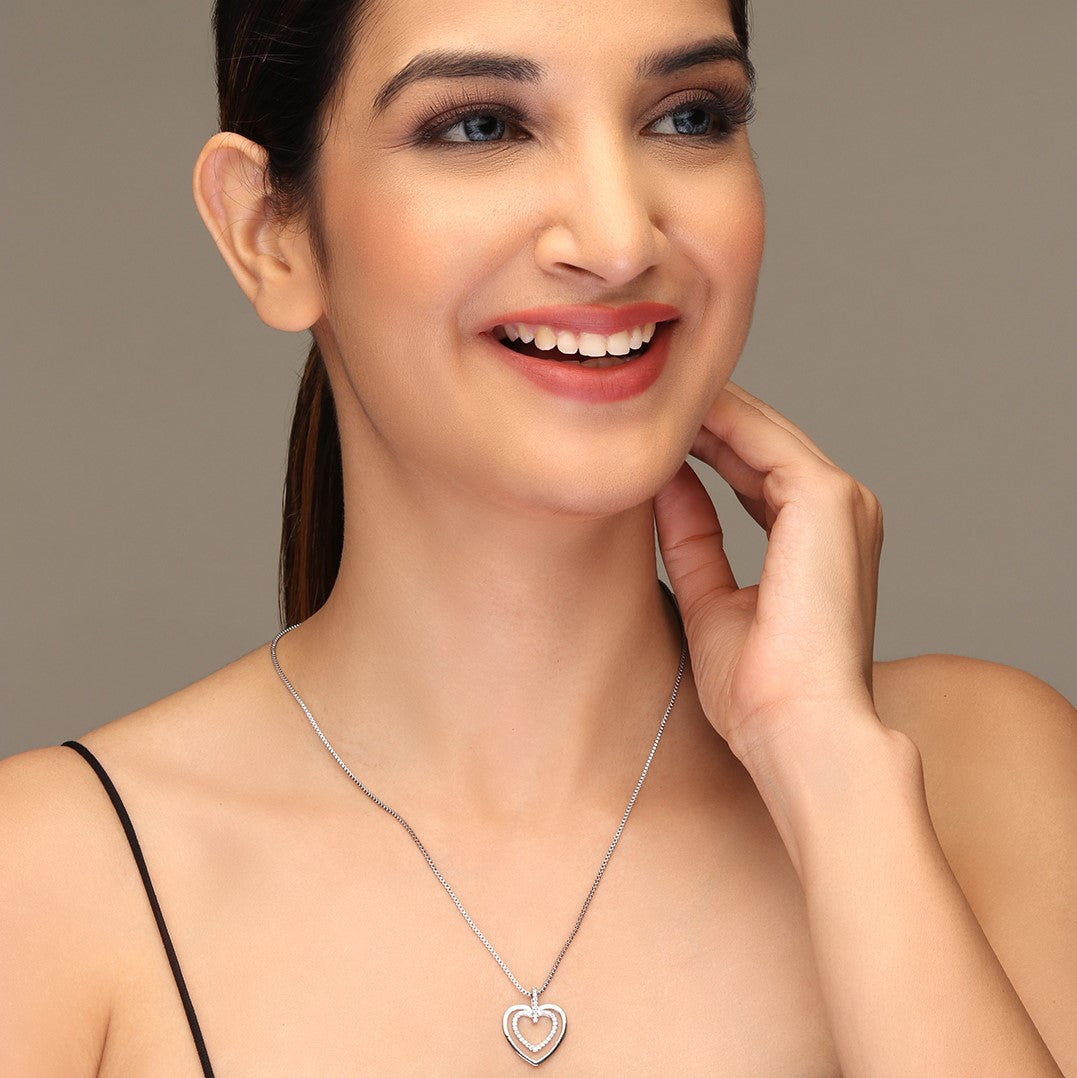 LAIDA Women Silver-Plated & White AD-Stone Studded Heart-Shaped Pendant With Chain