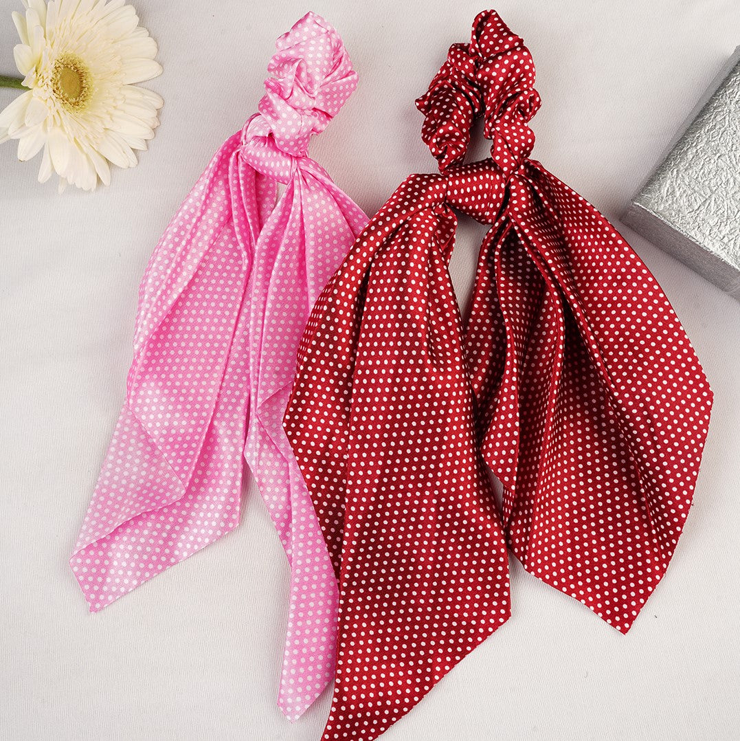 Laida Set of 2 Maroon & Pink Polka Dot Print Scarf-detail Scrunchies