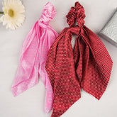 Laida Set of 2 Maroon & Pink Polka Dot Print Scarf-detail Scrunchies