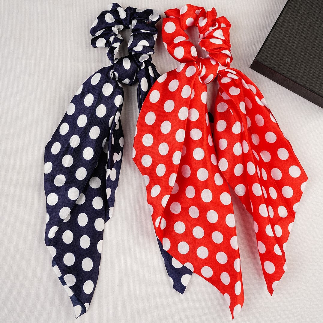 Laida Set of 2 Polka Dots Printed Scrunchies With Knot Detail