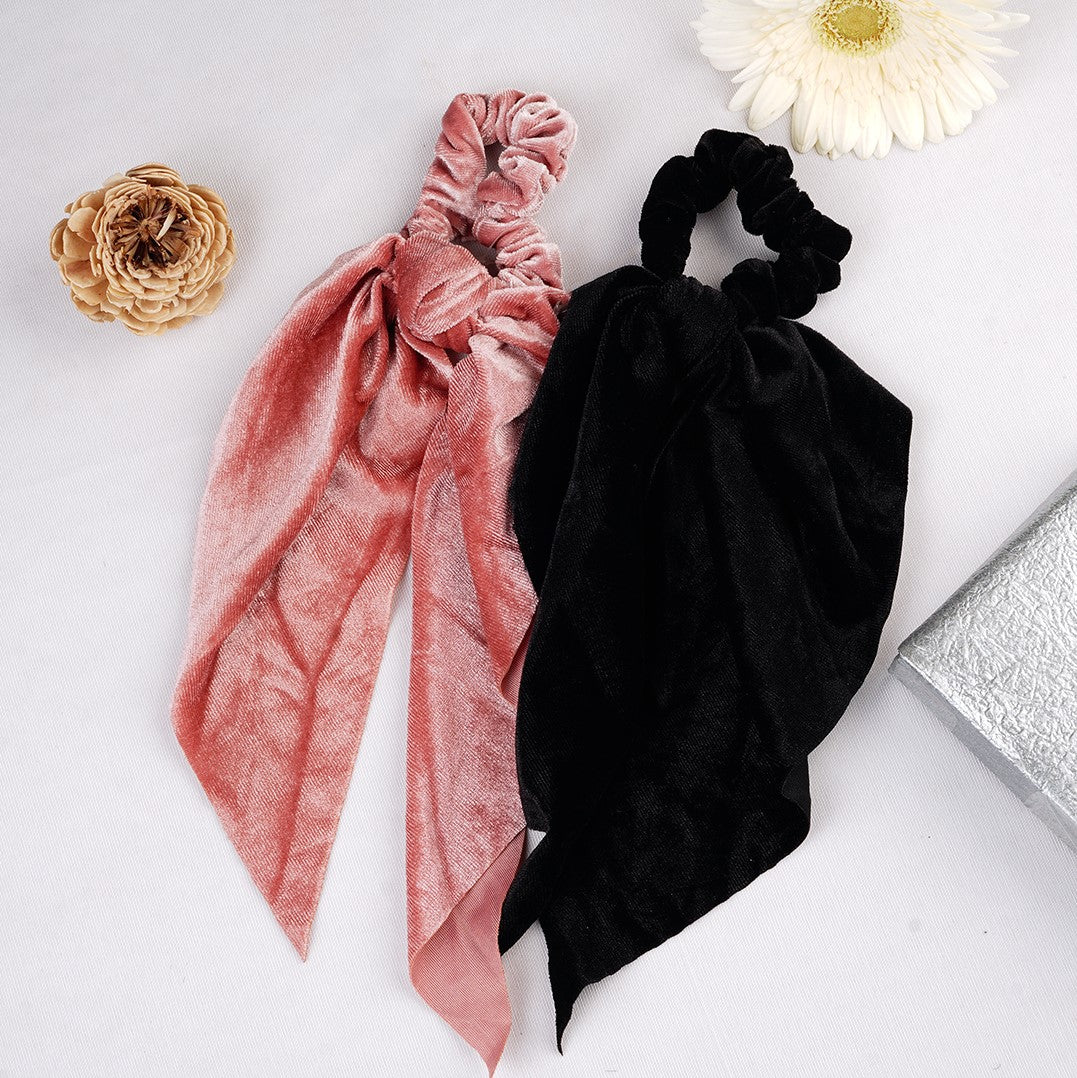 Laida Set of 2 Velvet Handkerchief Style Scrunchies with Knot Detail