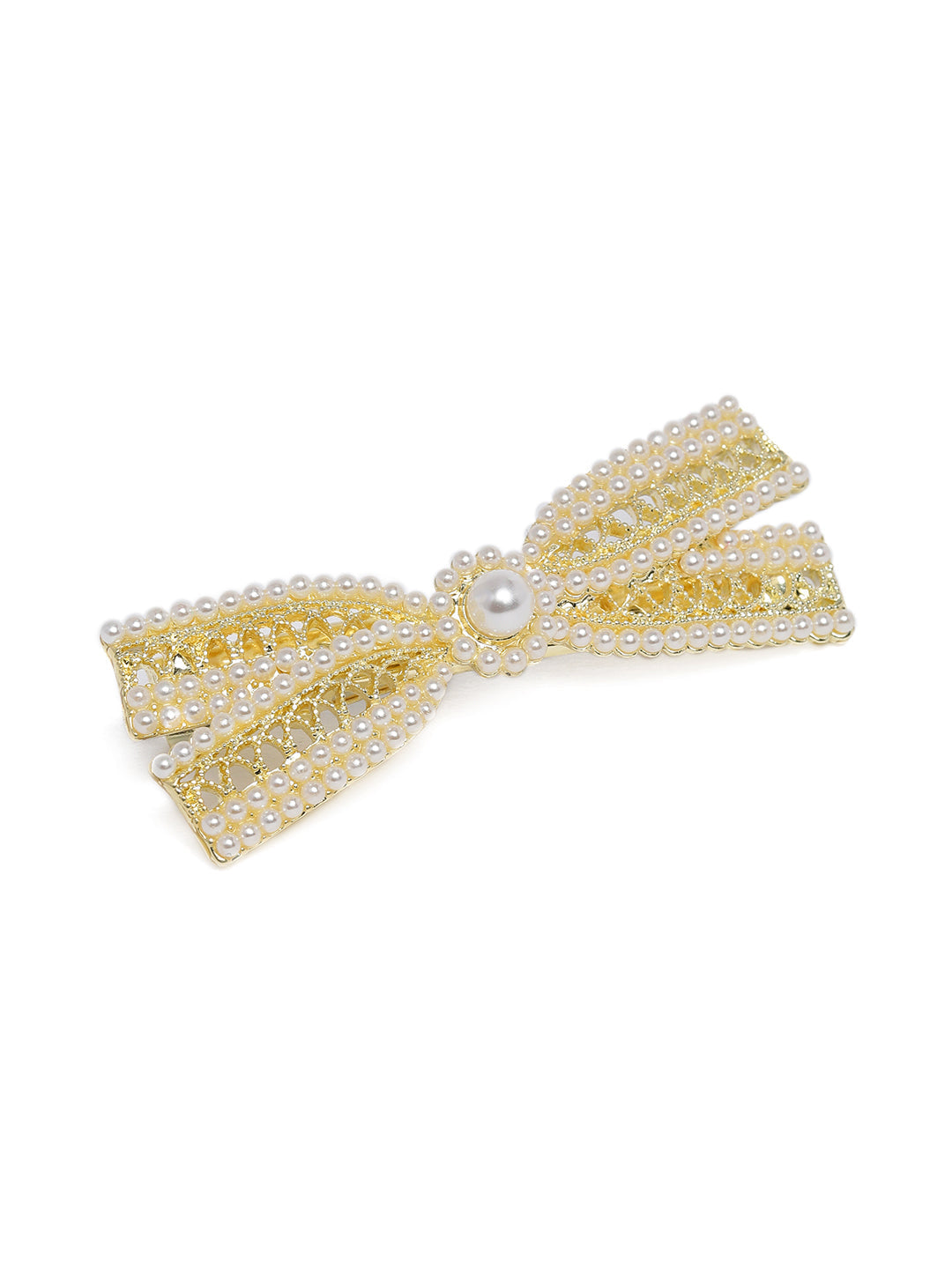 Women White & Gold-Toned Pearl Embellished Criscross Alligator Hair Clip