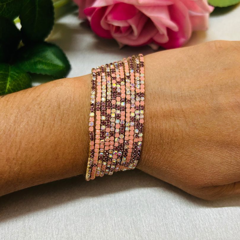 Stretchable Multi Peach Maroon Gold - Plated Bracelet