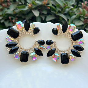 Rhinestone Half Moon Black Earrings