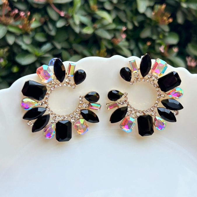 Rhinestone Half Moon Black Earrings