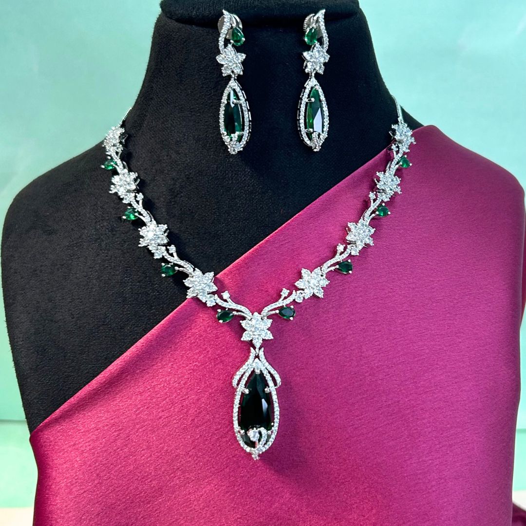 Emerald Green Floral Garden American Diamond Necklace Set