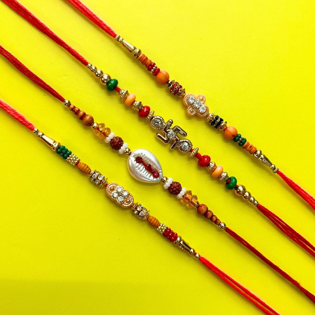 Set of 4 Rakhis - Swastik, Shankh and Mandir Rakhis