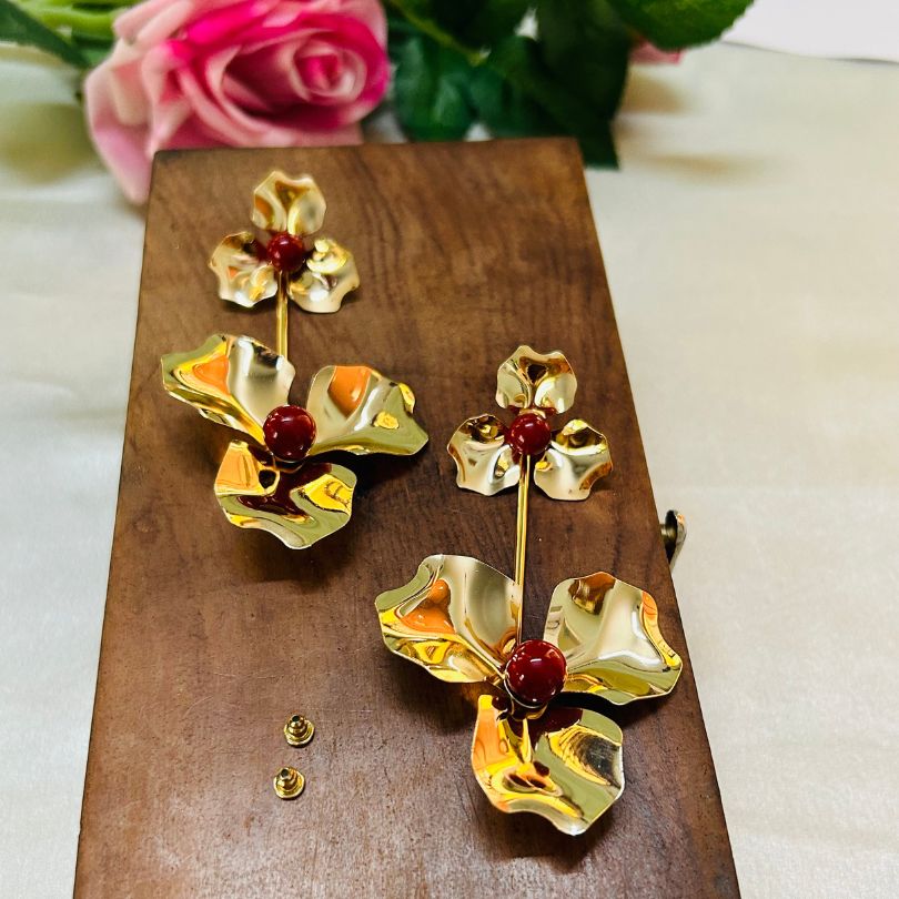 Flower Maroon Elongated Earrings