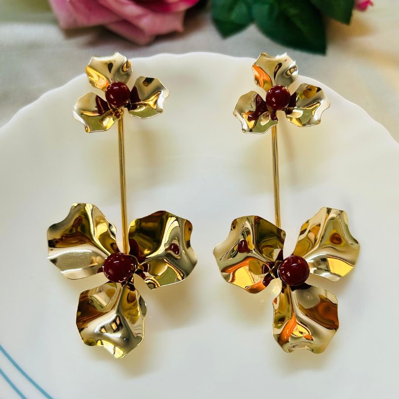 Flower Maroon Elongated Earrings
