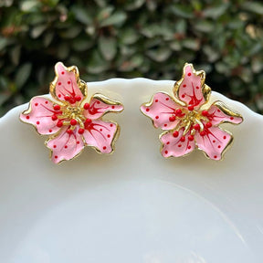 Pink Red Floral Stud Earrings