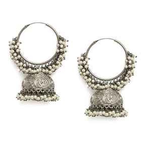 Silver-Toned Rhodium Plated Silver Oxidized Dome Shaped Jhumkas