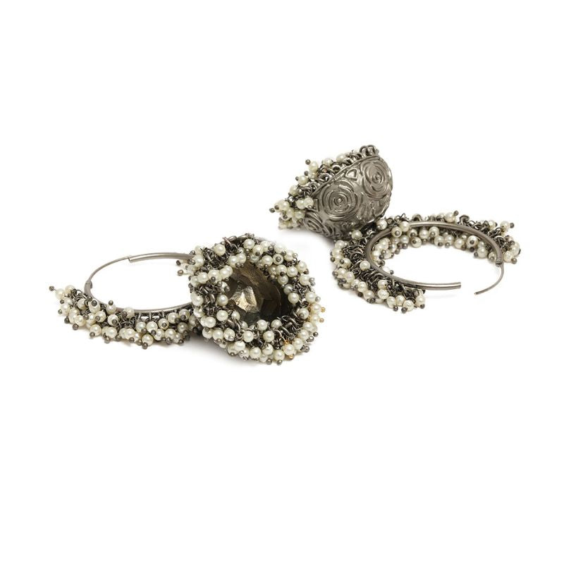 Silver-Toned Rhodium Plated Silver Oxidized Dome Shaped Jhumkas