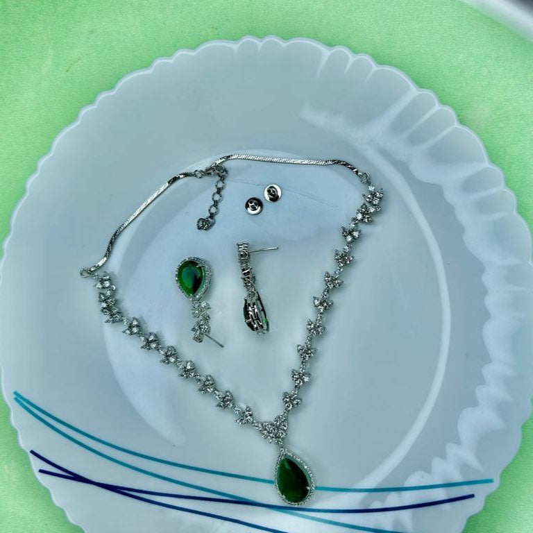 Celine Silver Emerald  Green Necklace Set