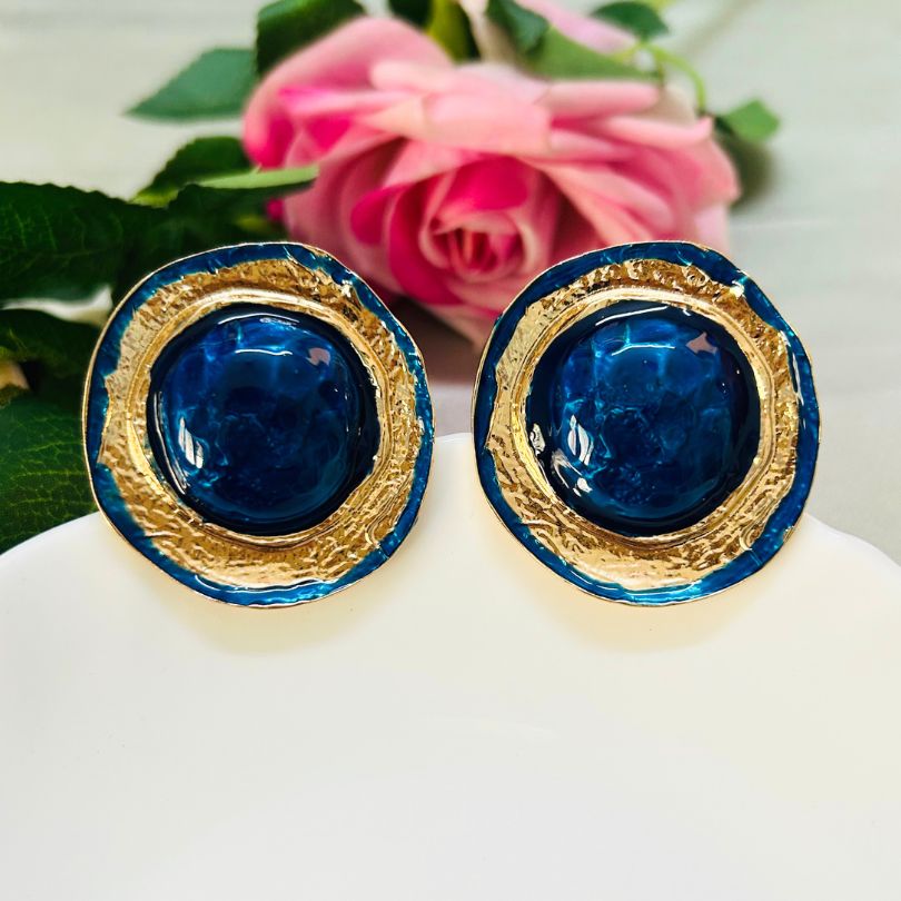 Round Blue Clip On Earrings