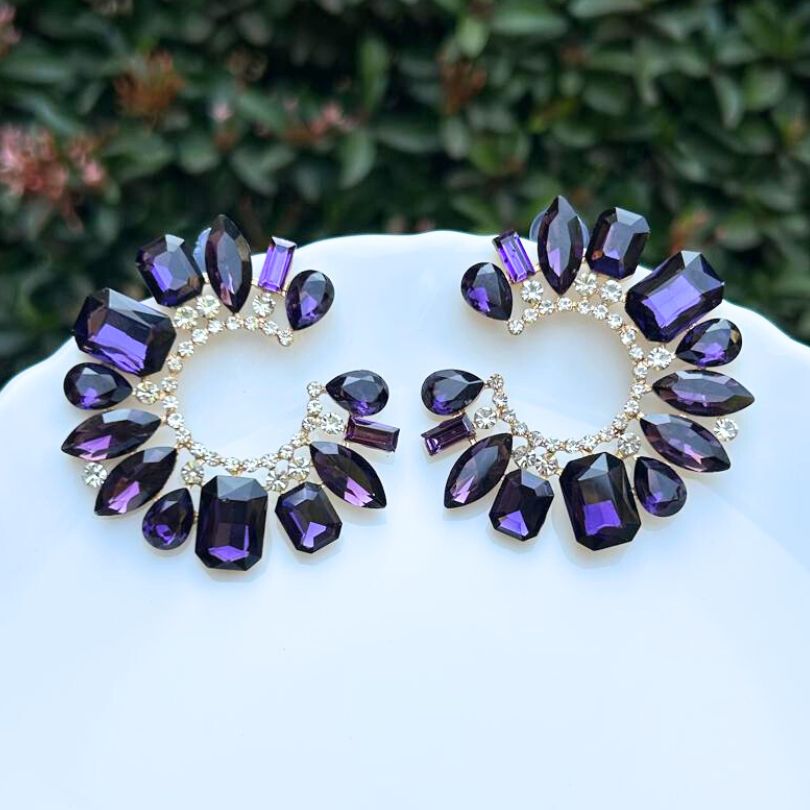 Rhinestone Half Moon Purple Earrings