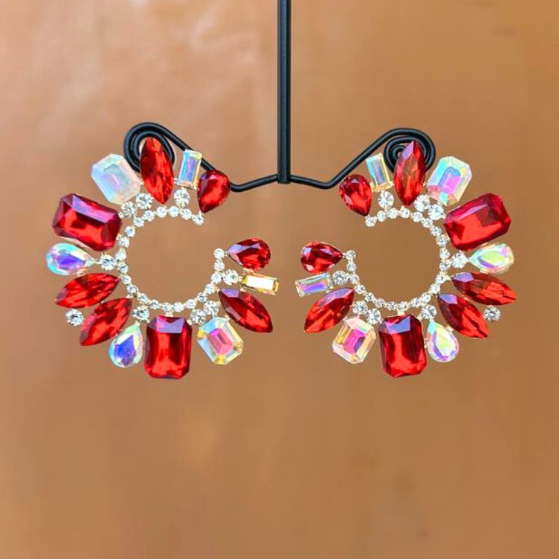 Rhinestone Half Moon Red Earrings