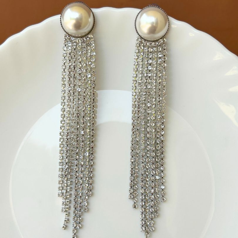 Pearl Silver American Diamond Chandelier Earrings