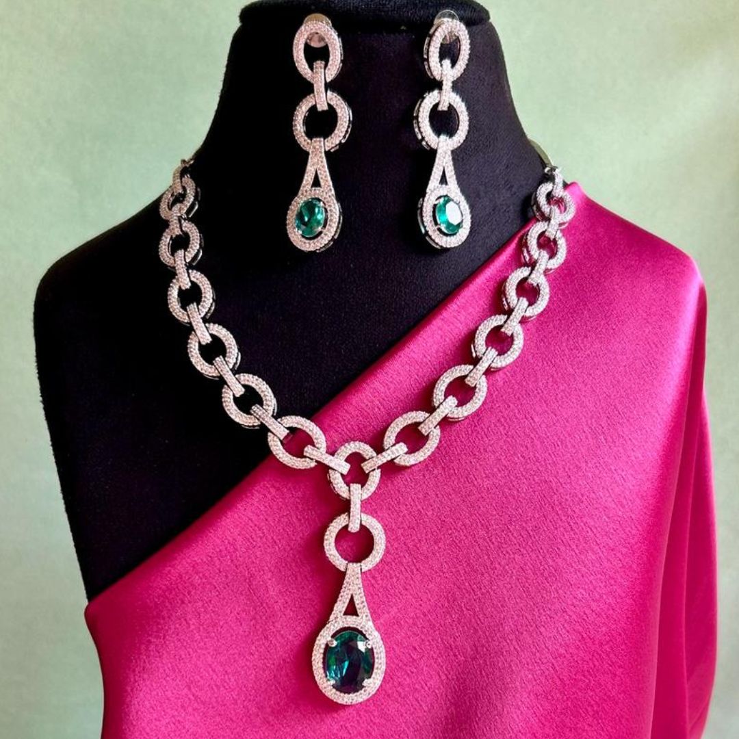 Audrey CZ Emerald Designer Necklace Set