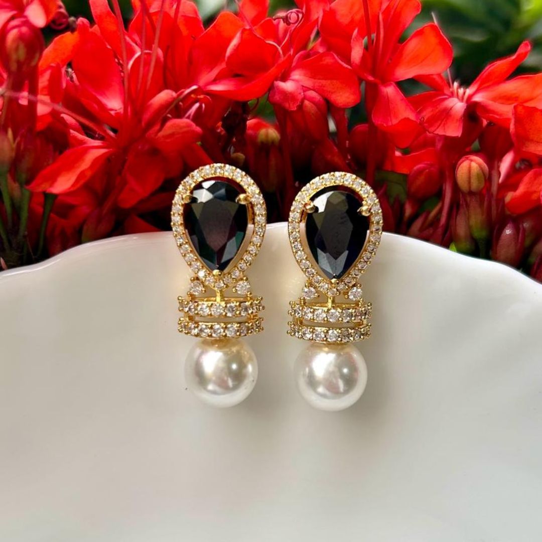 Lavish Pearl Black CZ Earrings