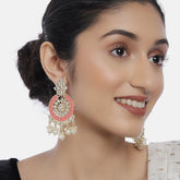 Coral Gold-Plated Kundan-Studded Circular Drop Earrings