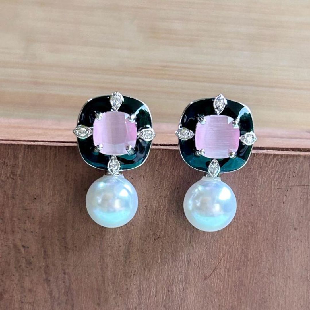 Glow Pearl CZ Pink Stud Earrings