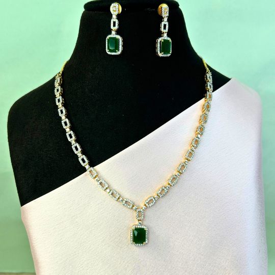 Alani Emerald Green  American Diamond Necklace Set