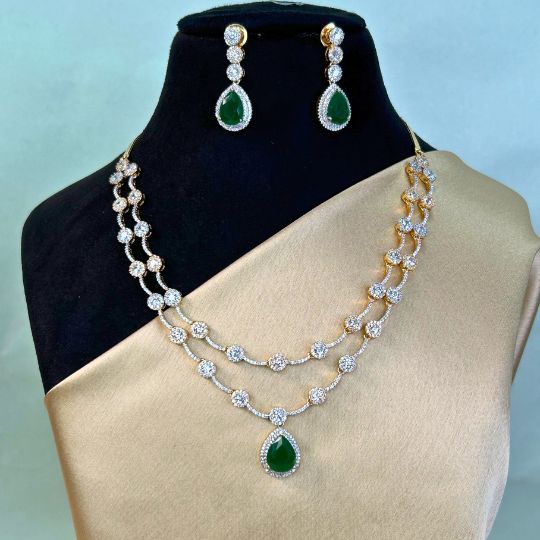 Dorothy Two-layered Emerald Green American Diamond Necklace set