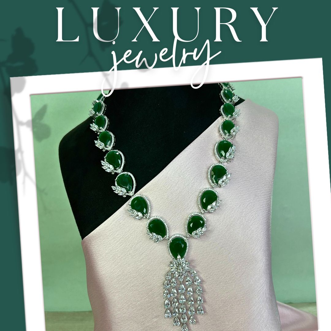 Greta Emerald Green American Diamond Necklace Set