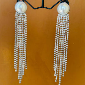 Pearl Silver American Diamond Chandelier Earrings